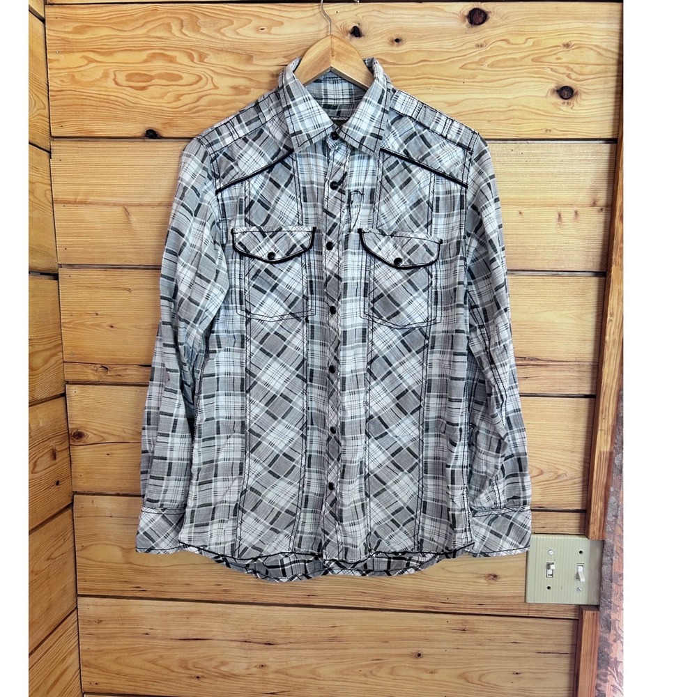 Plaid Western Snap Button Down Shirt Mens Small Grey White Slim Fit BKE Rodeo
